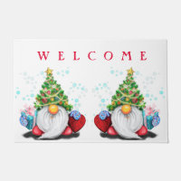 Christmas Gnomes with Gift Doormat Welcome