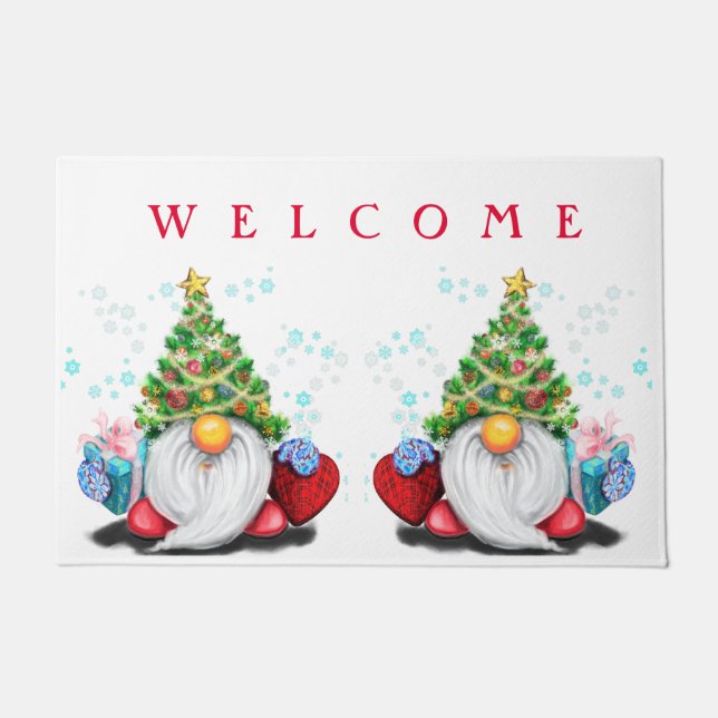 Christmas Gnomes with Gift Doormat Welcome (Front)