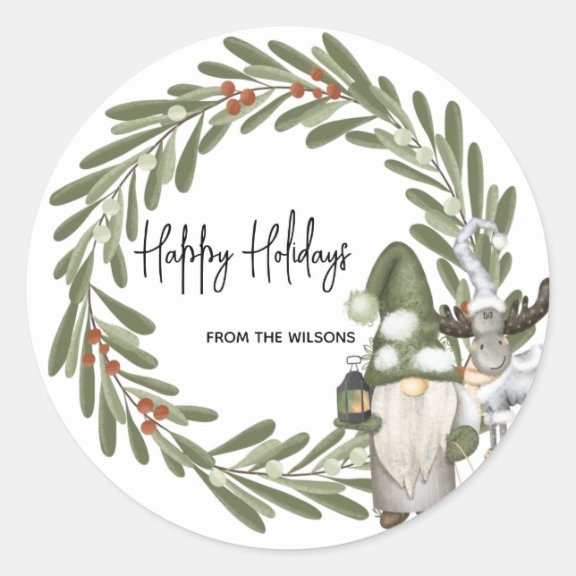 Christmas Gnomes Woodland Personalized  Classic Round Sticker (Front)