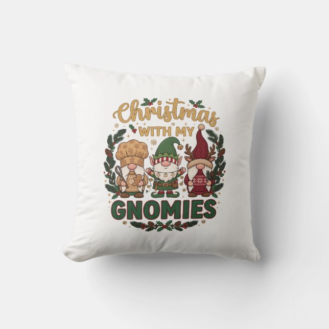 Christmas Gnomies String Lights Candy Cane Throw Pillow (Front)