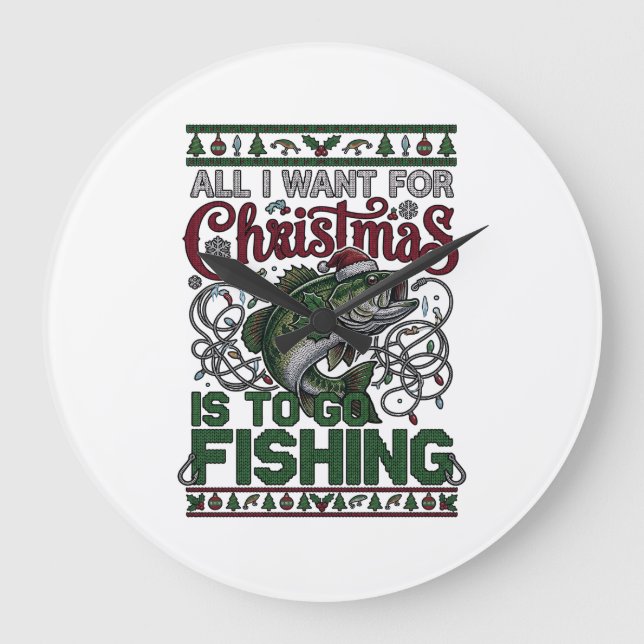 Christmas Go Fishing Fish Santa Hat Lights Large Clock (Front)