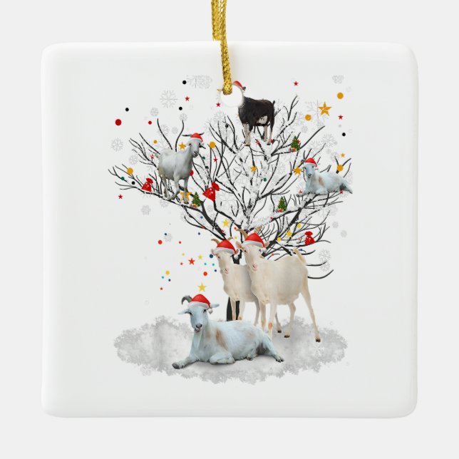 Christmas Goat On Tree Funny Santa Goat Lover Gift Ceramic Ornament (Front)