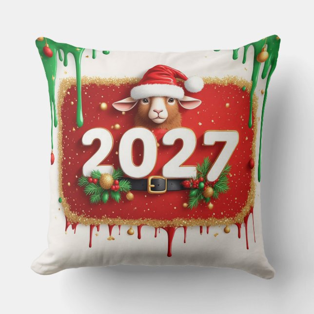 Christmas Goat with Evergreen Wreath Throw Pillow (Front)