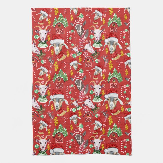 Christmas GOATS Candy and Jingle Bells GetYerGoat™ Kitchen Towel (Vertical)