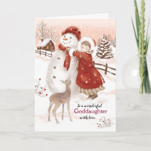 Christmas, Goddaughter, Deer, Girl and Snowman Holiday Card