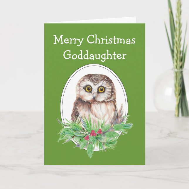 Christmas Goddaughterr Cute Owl Bird Holly PIne Holiday Card (Front)
