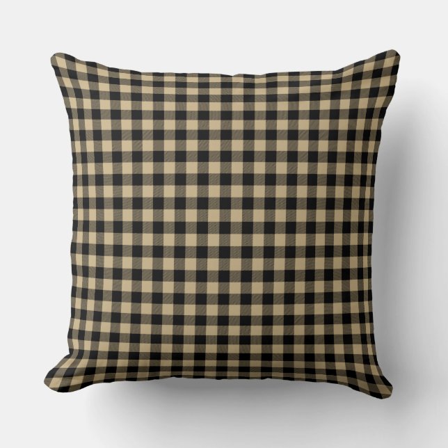 Christmas Gold and Black Buffalo Check Plaid Throw Pillow (Front)