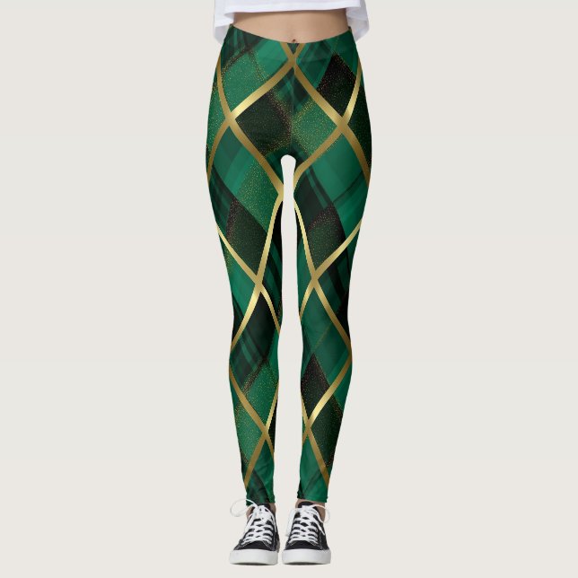 Christmas Gold And Green Plaid Pattern  Leggings (Front)