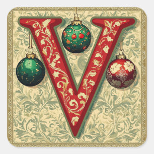 Christmas Gold and Red Letter V with Green Details Square Sticker