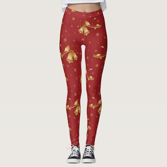 Christmas Gold bells on red pattern Leggings (Front)