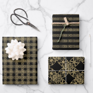 Christmas gold & black antique lace pattern wrapping paper sheet