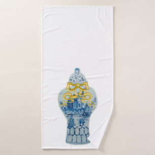 Christmas Gold Bow Blue White Ginger Jar Towel Set