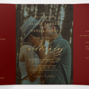 Christmas gold burgundy photo wedding RSVP QR Tri-Fold Invitation