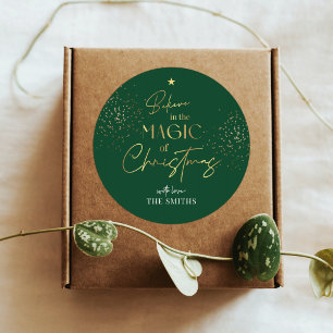 Christmas Gold Calligraphy Green Personalized Classic Round Sticker