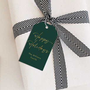 Christmas Gold Calligraphy Happy Holidays Green Gift Tags