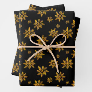 Christmas Gold Crystal Snowflakes on Black Wrapping Paper Sheet
