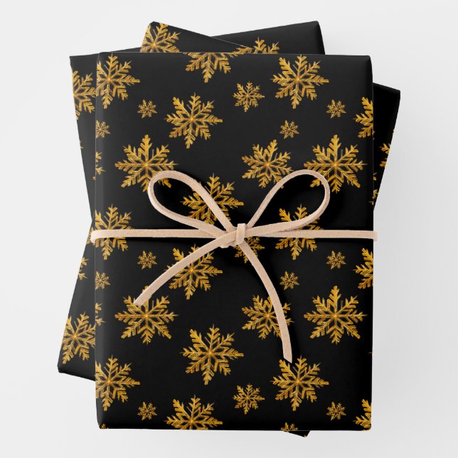 Christmas Gold Crystal Snowflakes on Black Wrapping Paper Sheet (In situ)
