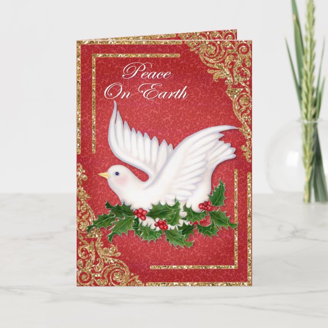 Christmas Gold Dove & Holly Holiday Card (Front)