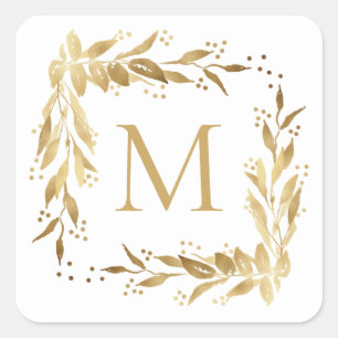 Christmas Gold Foliage Wreath Monogram on White Square Sticker