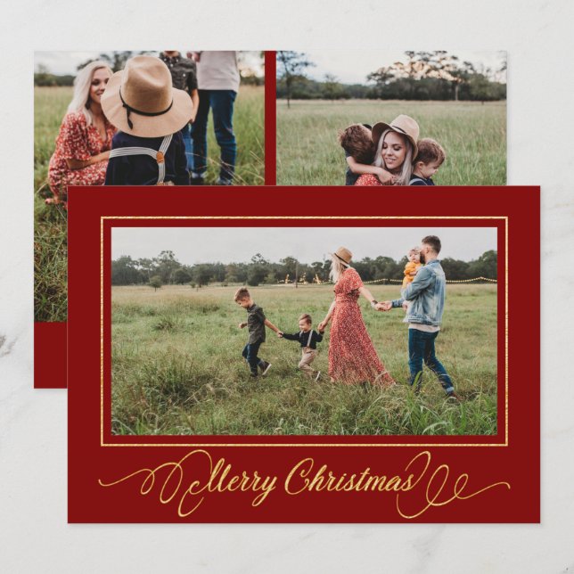 Christmas Gold Frame Photo Holiday Card Red (Front/Back)