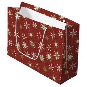  Christmas Gold Geo Stars - on red pattern. Large Gift Bag