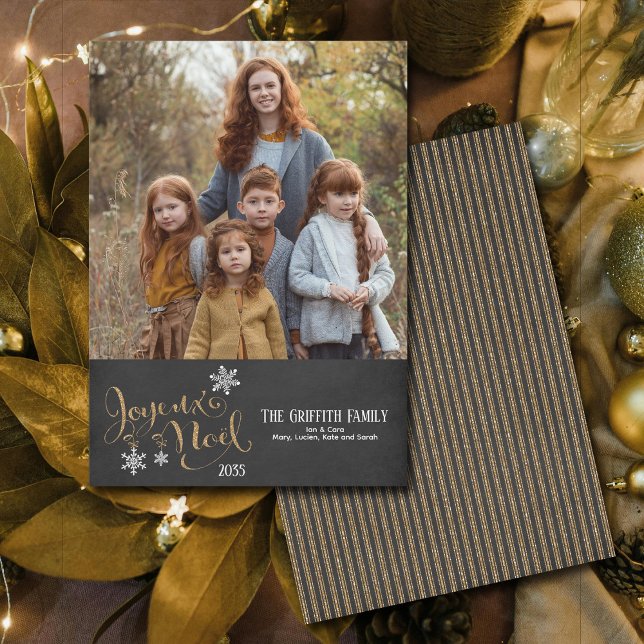 Christmas Gold Glitter Joyeux Noel Snowflakes  Holiday Card (Wish your family and friends "Joyeux Noel" this holiday season with this one-photo Christmas card.)