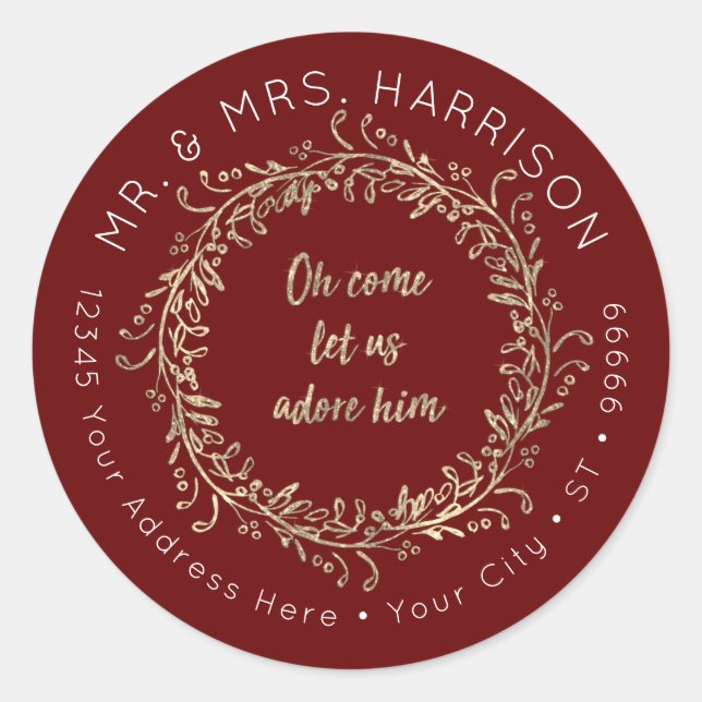 Christmas Gold Glitter Red Script Foliage Wreath Classic Round Sticker (Front)