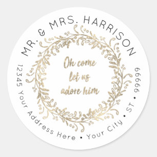 Christmas Gold Glitter Script Leaf Foliage Wreath Classic Round Sticker