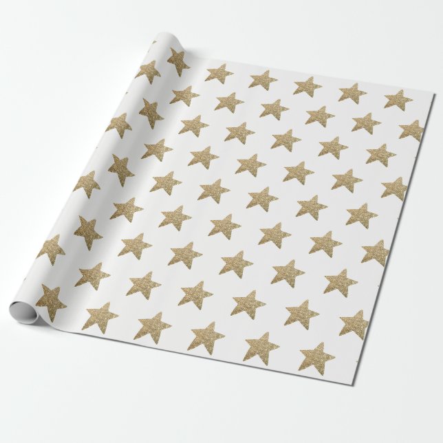 Christmas Gold Glitter Stars Gift Wrapping Paper (Unrolled)