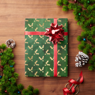 Christmas gold green mistletoe pattern elegant wrapping paper