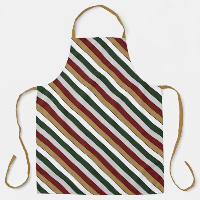 Christmas Gold Green Red Silver And White Stripes  Apron (Front)