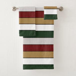 Christmas Gold Green Red Silver And White Stripes  Bath Towel Set
