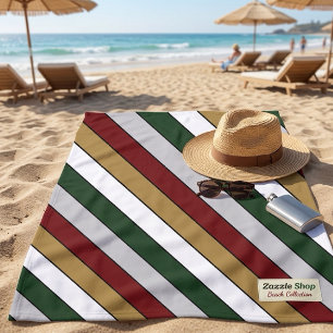 Christmas Gold Green Red Silver And White Stripes Beach Towel
