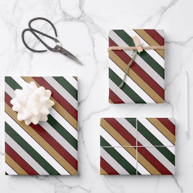Christmas Gold Green Red Silver And White Stripes  Wrapping Paper Sheet (Front)