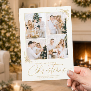 Christmas Gold Hand-Drawn Script 4 Photos Holiday Card