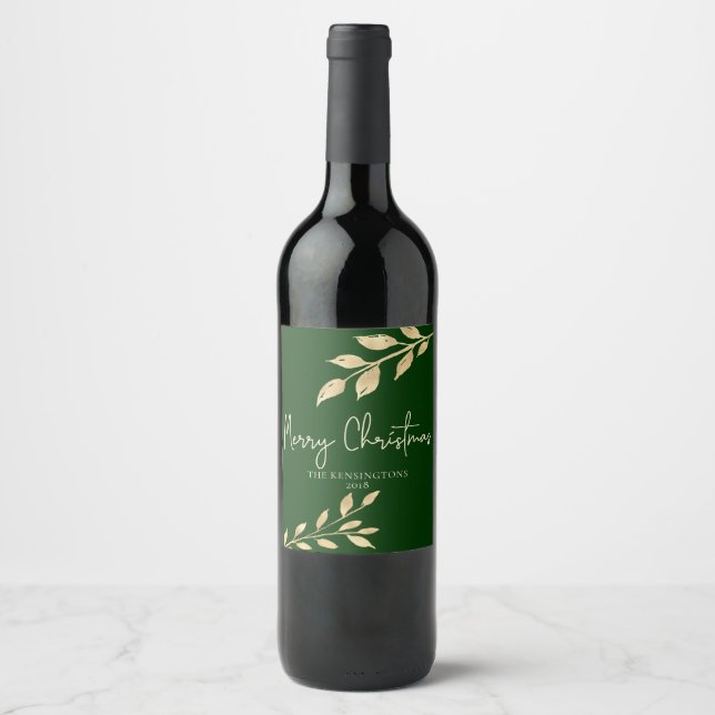 Christmas Gold Leaves on Holiday Forest Green Wine Label (Front)