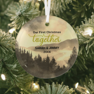 Christmas Gold Mountain Adventure Outdoor Couple Glass Ornament