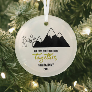 Christmas Gold Mountain Adventure Outdoor Couple Glass Ornament