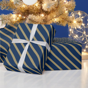 Christmas gold navy blue oblique Stripes pattern Wrapping Paper