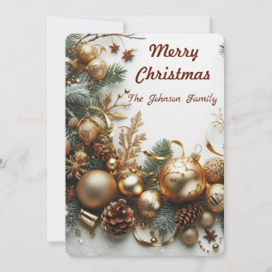 Christmas gold ornaments and branches holiday card