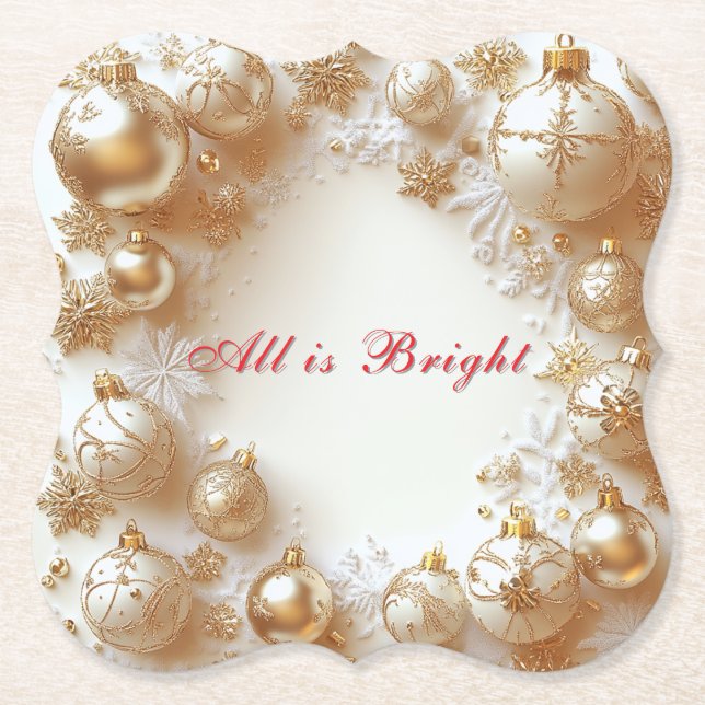 Christmas Gold Ornaments,Snowflakes All is Bright Paper Coaster (Front)