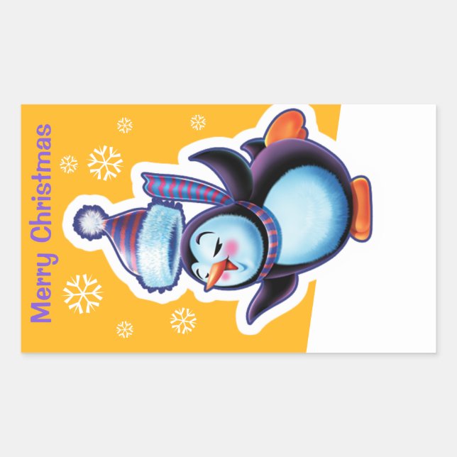 Christmas gold rectangular sticker Penguin skater. (Front)
