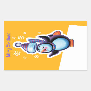 Christmas gold rectangular sticker Penguin skater.