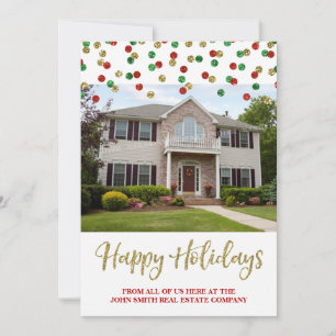 Christmas Gold Red Confetti Photo Card Real Estate