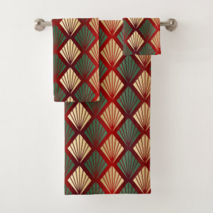 Christmas Gold Red Green Art Deco Bath Towel Set