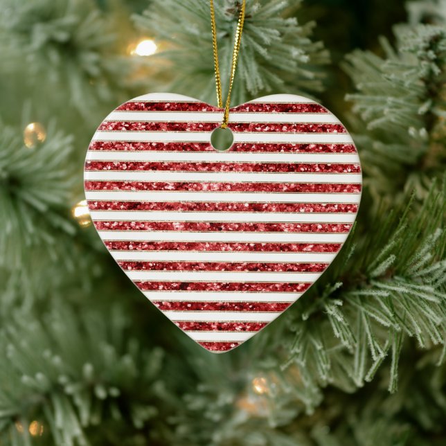 Christmas Gold Red White Glitter Stripes Ceramic Ornament (Tree)