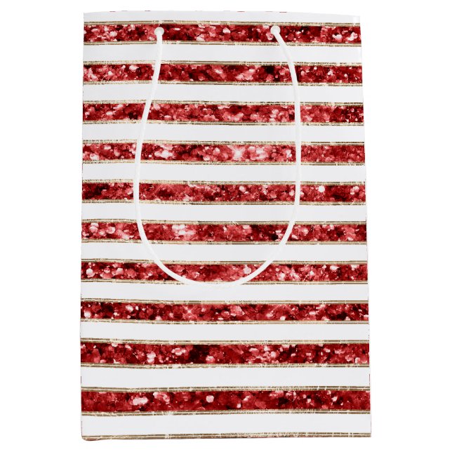 Christmas Gold Red White Glitter Stripes Medium Gift Bag (Front)