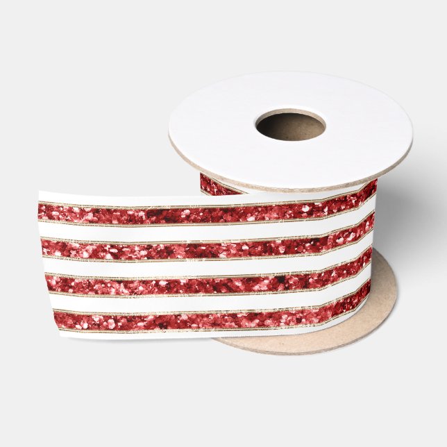 Christmas Gold Red White Glitter Stripes Satin Ribbon (Spool)