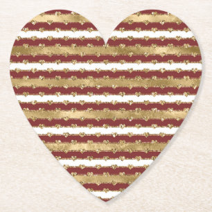 Christmas Gold Red White Stripes Glitter Hearts Paper Coaster