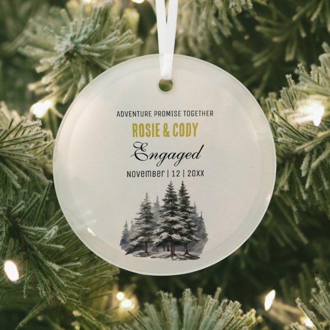 Christmas Gold Rustic Pine Trees Couple Engaged Glass Ornament (Insitu)